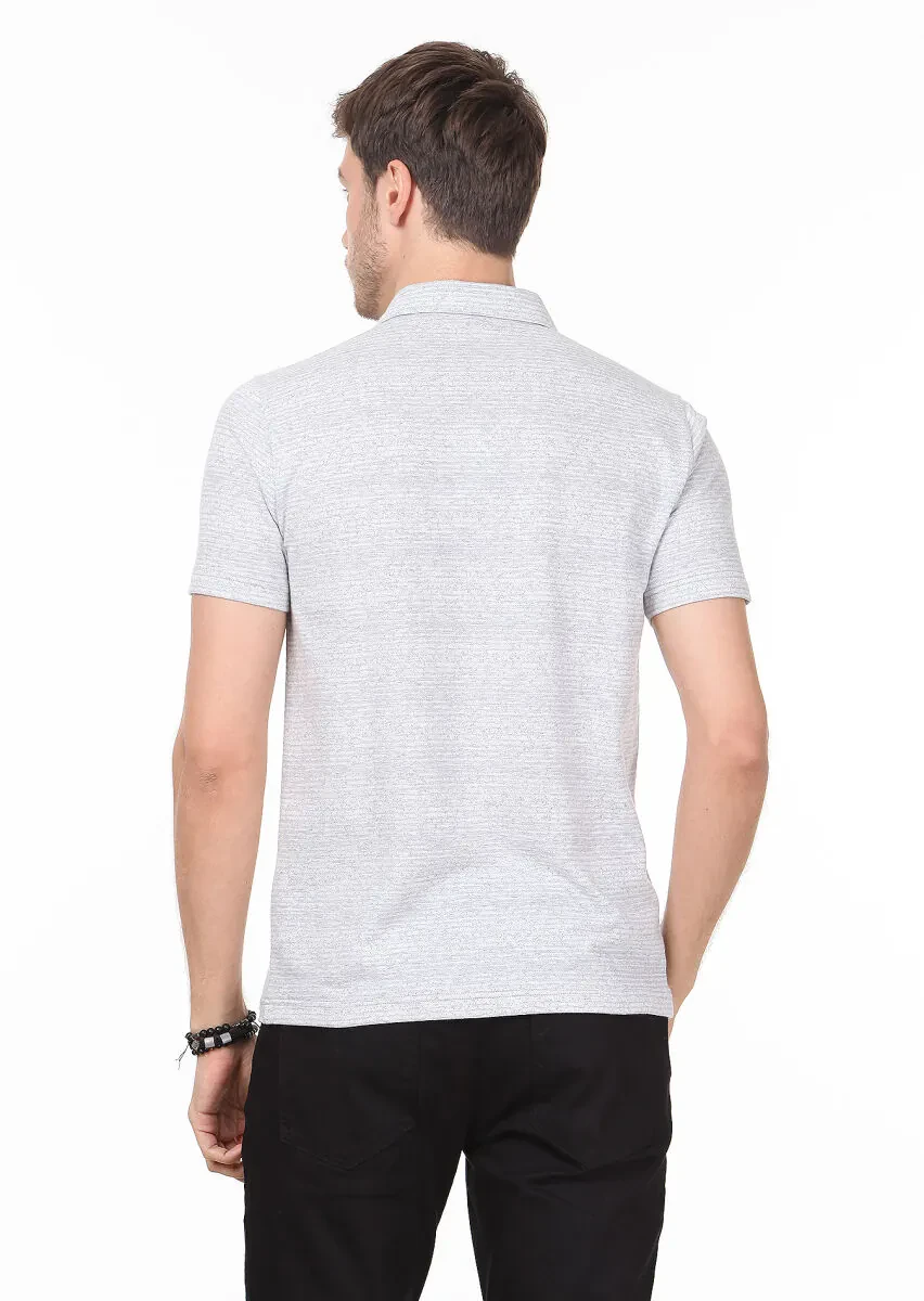 Grey Jacquard Polo Neck 100% Cotton T-Shirt - 4