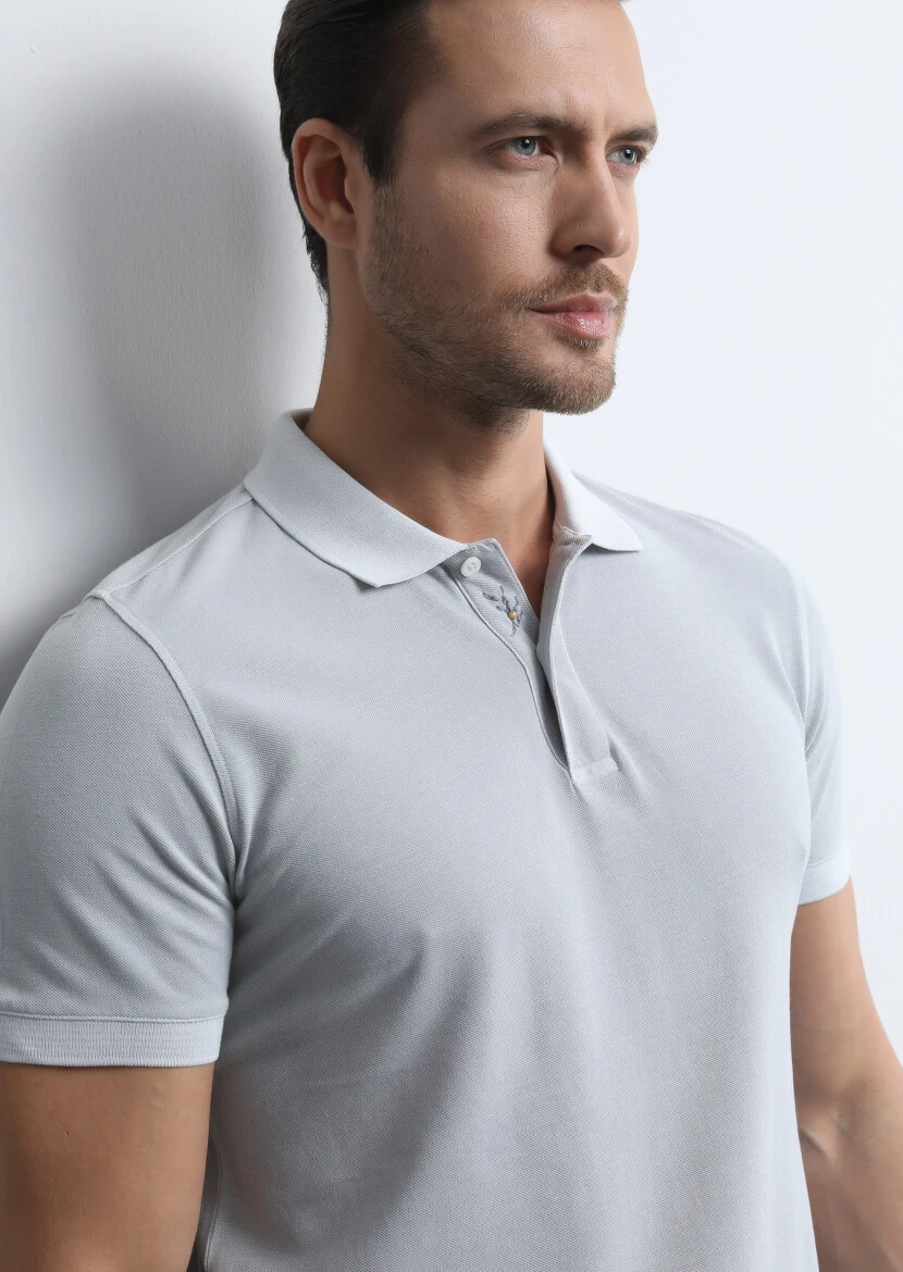 Grey Jacquard Polo Neck 100% Cotton T-Shirt - 1