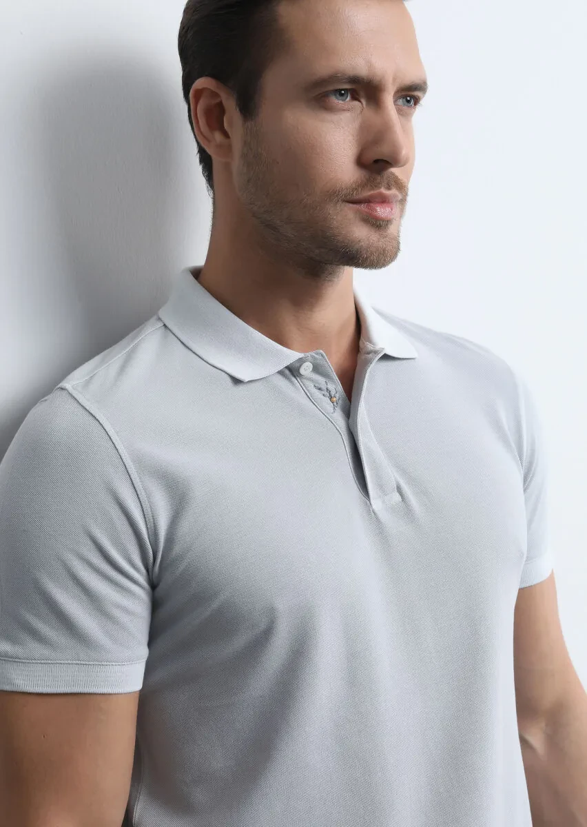 Grey Jacquard Polo Neck 100% Cotton T-Shirt - 1