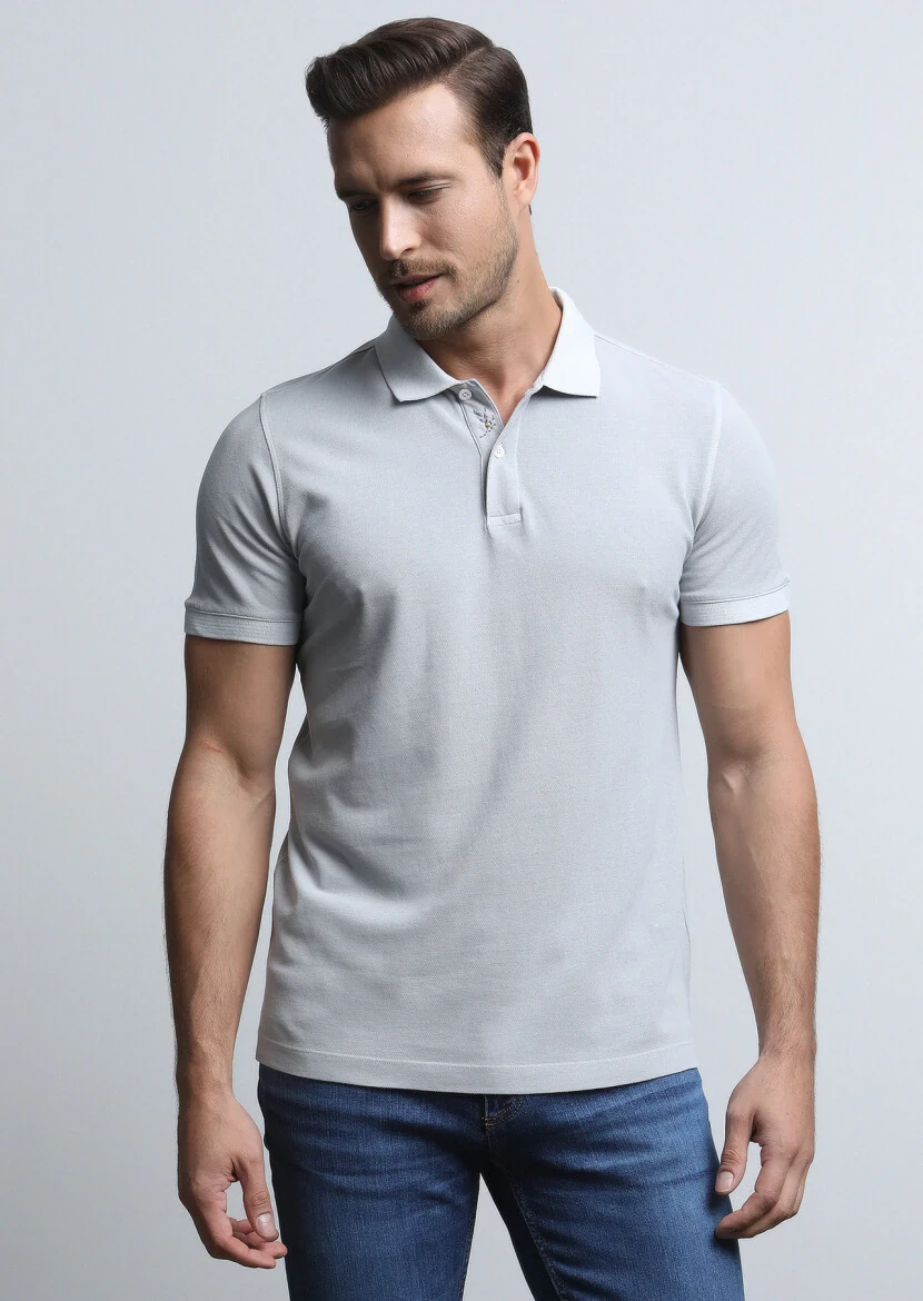 Grey Jacquard Polo Neck 100% Cotton T-Shirt - 3