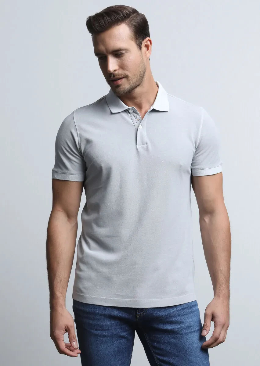 Grey Jacquard Polo Neck 100% Cotton T-Shirt - 3
