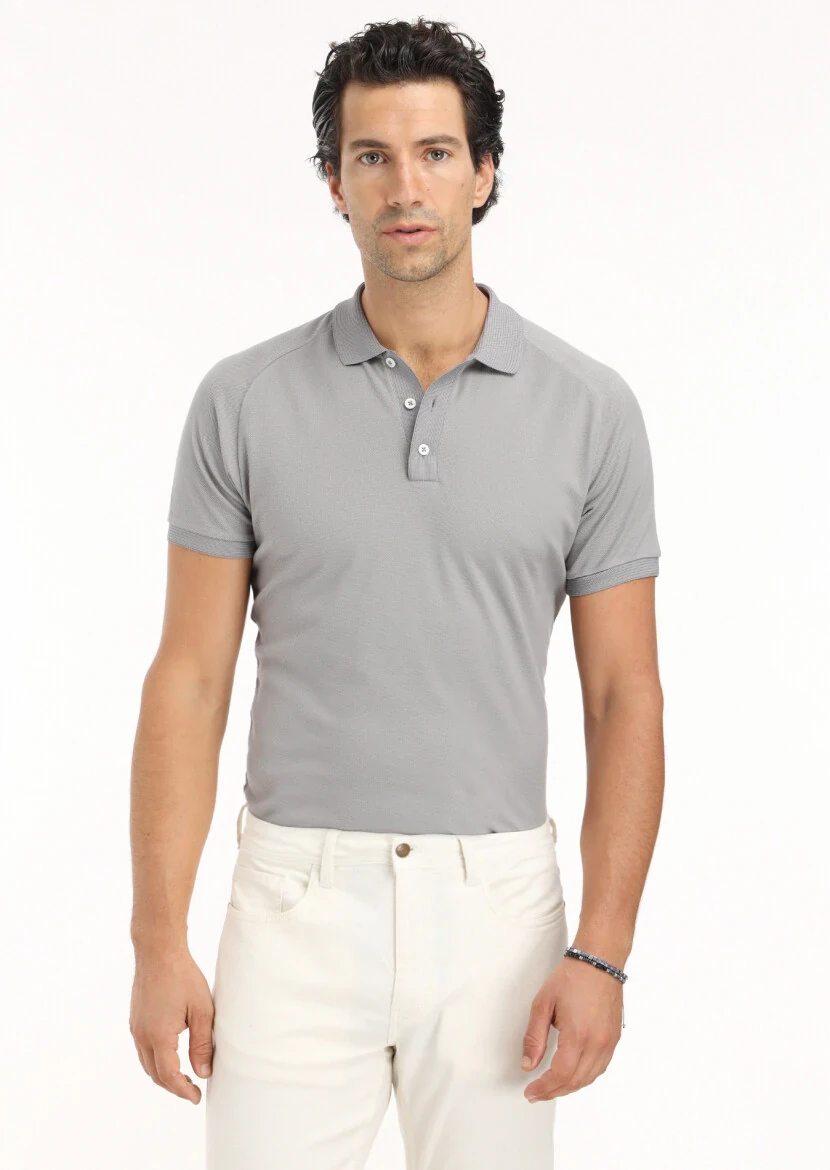 Grey Jacquard Polo Neck 100% Cotton T-Shirt 