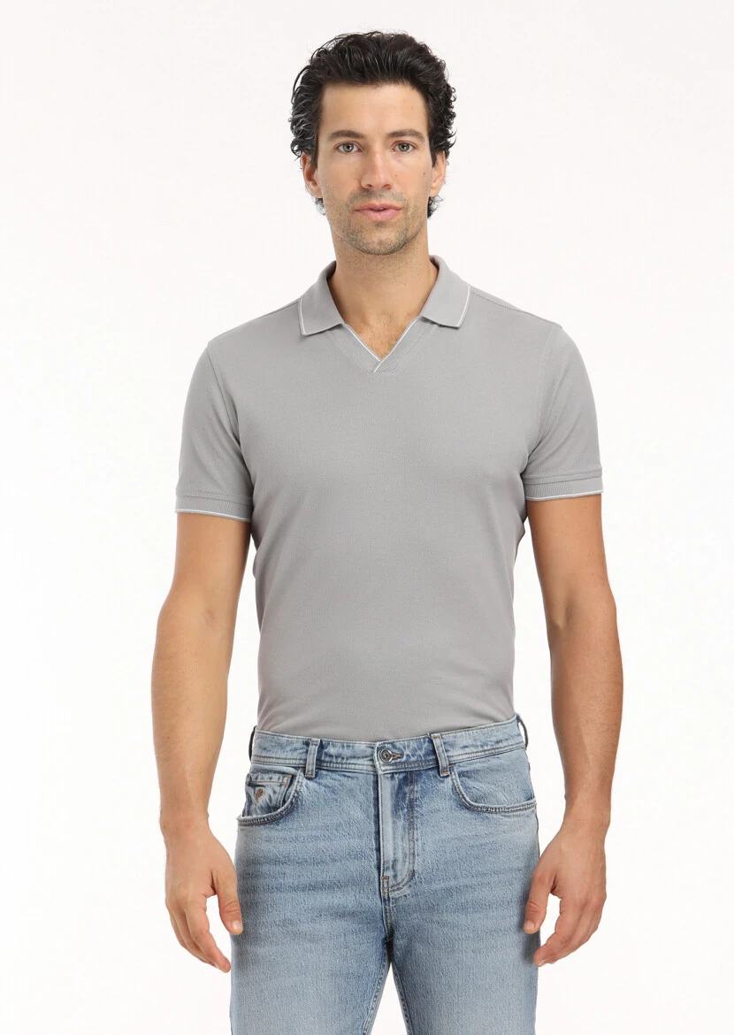 Grey Jacquard Polo Neck 100% Cotton T-Shirt 