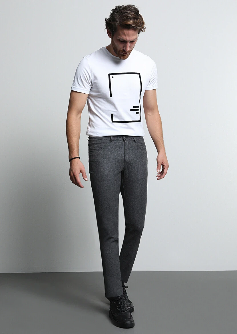 Grey Material Slim Fit Casual Wool Blended Trousers - 1