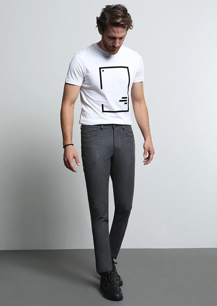 Grey Material Slim Fit Casual Wool Blended Trousers - 1
