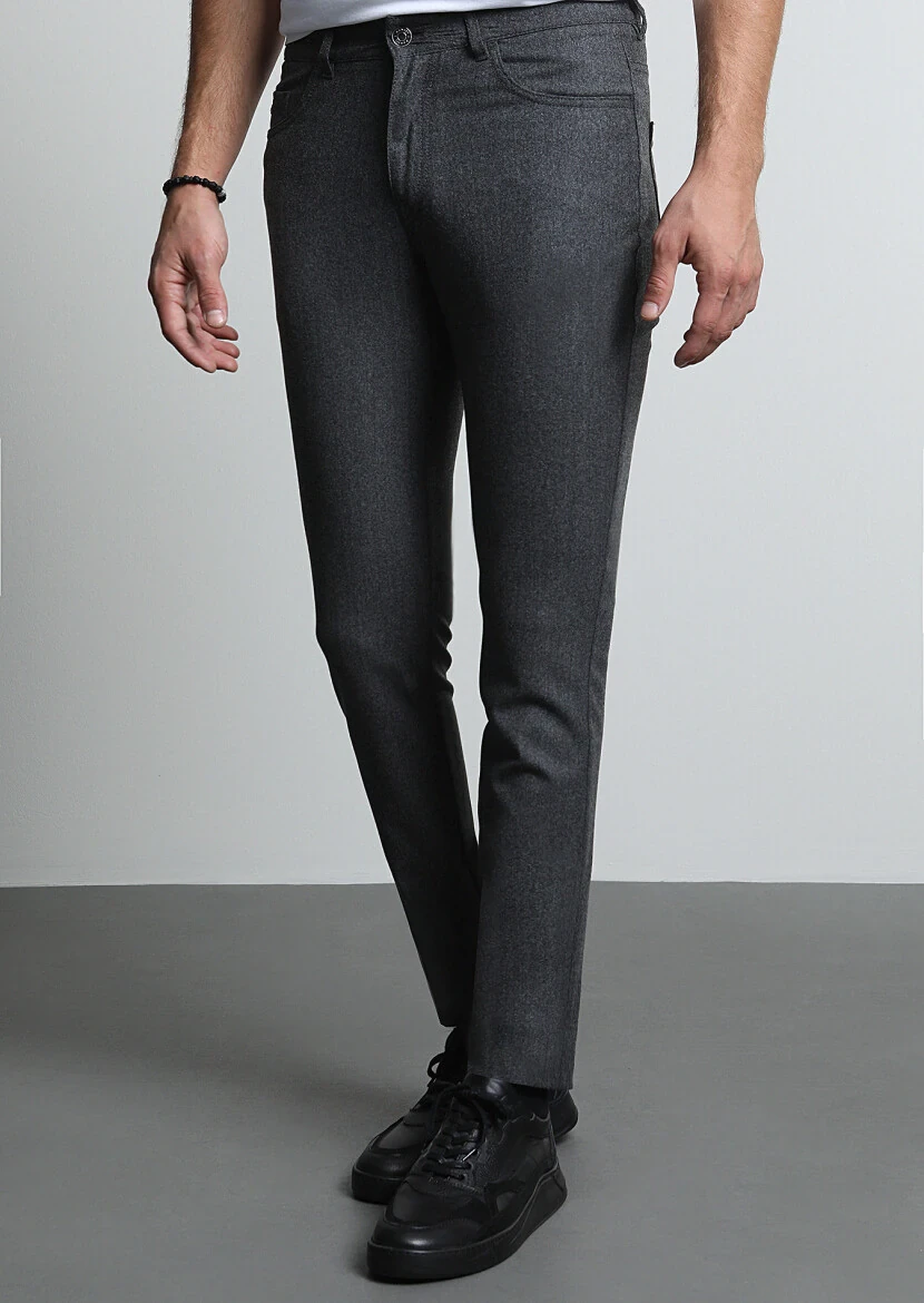 Grey Material Slim Fit Casual Wool Blended Trousers 