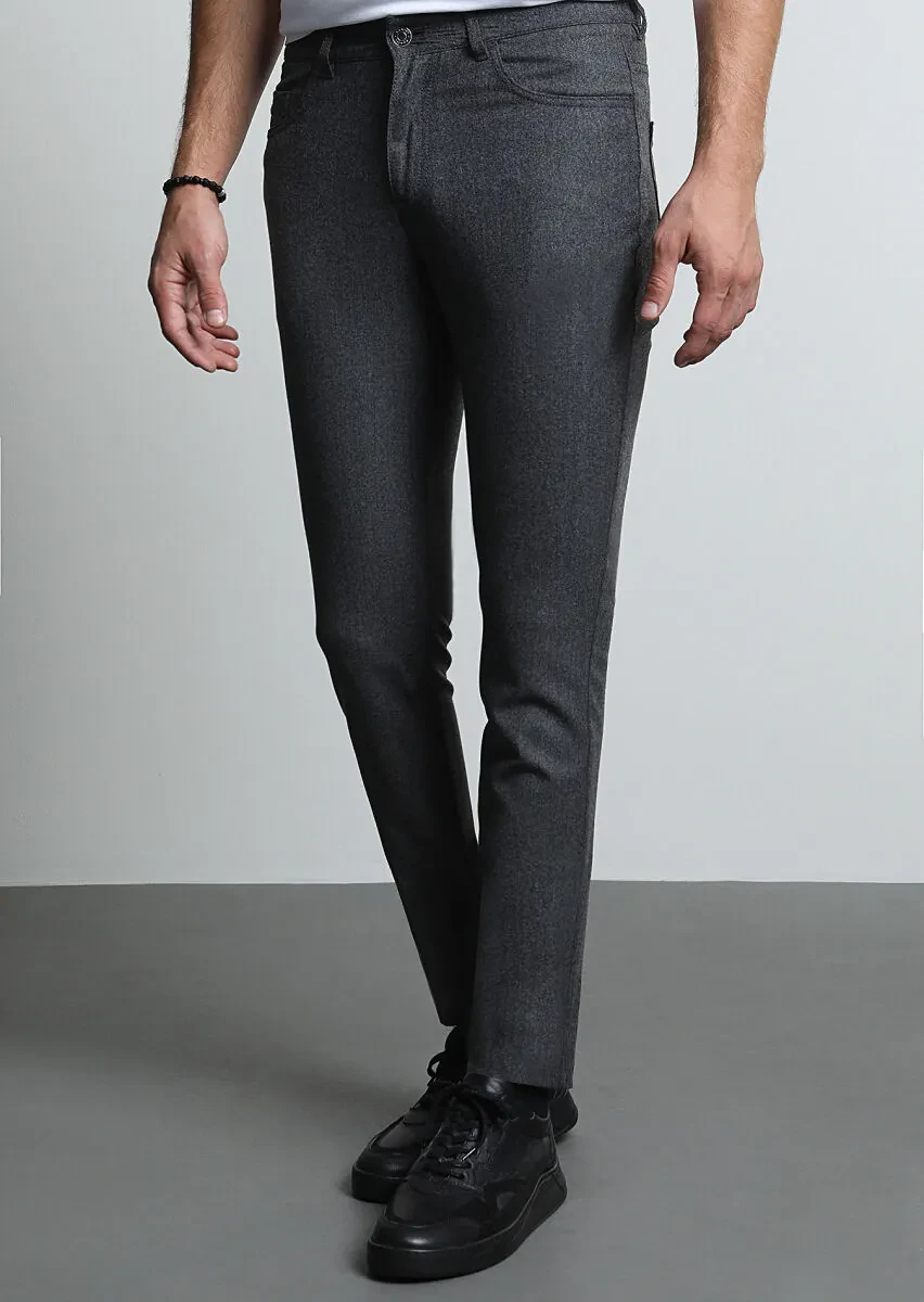 Grey Material Slim Fit Casual Wool Blended Trousers - 2