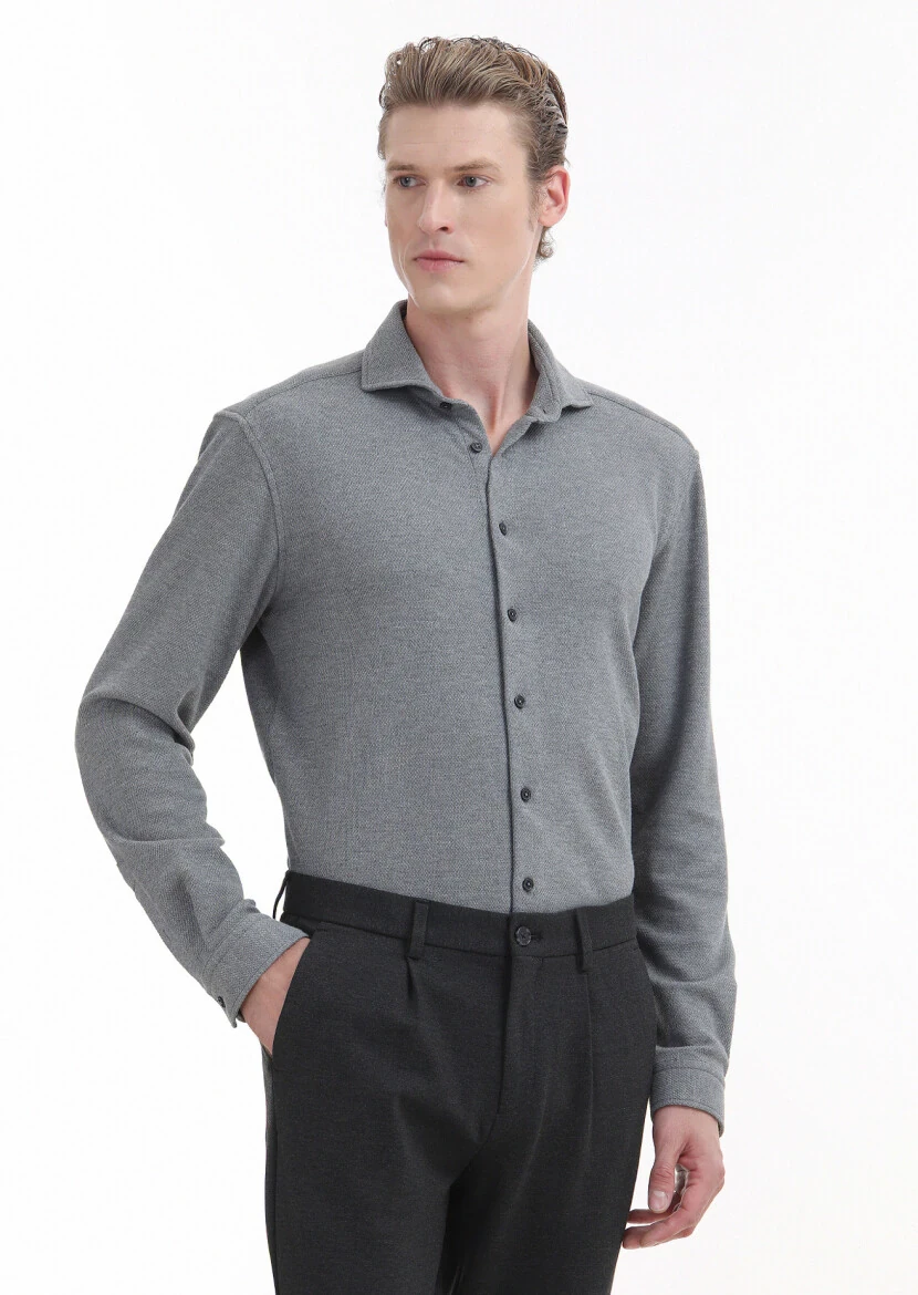 Grey Micro Regular Fit Knitting Casual 100% Cotton Shirt - 1