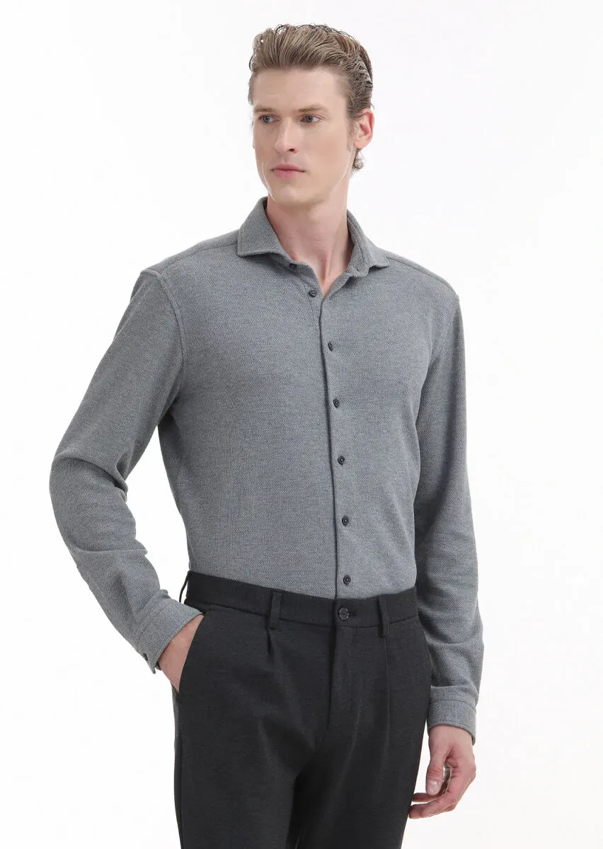 Grey Micro Regular Fit Knitting Casual 100% Cotton Shirt - 1