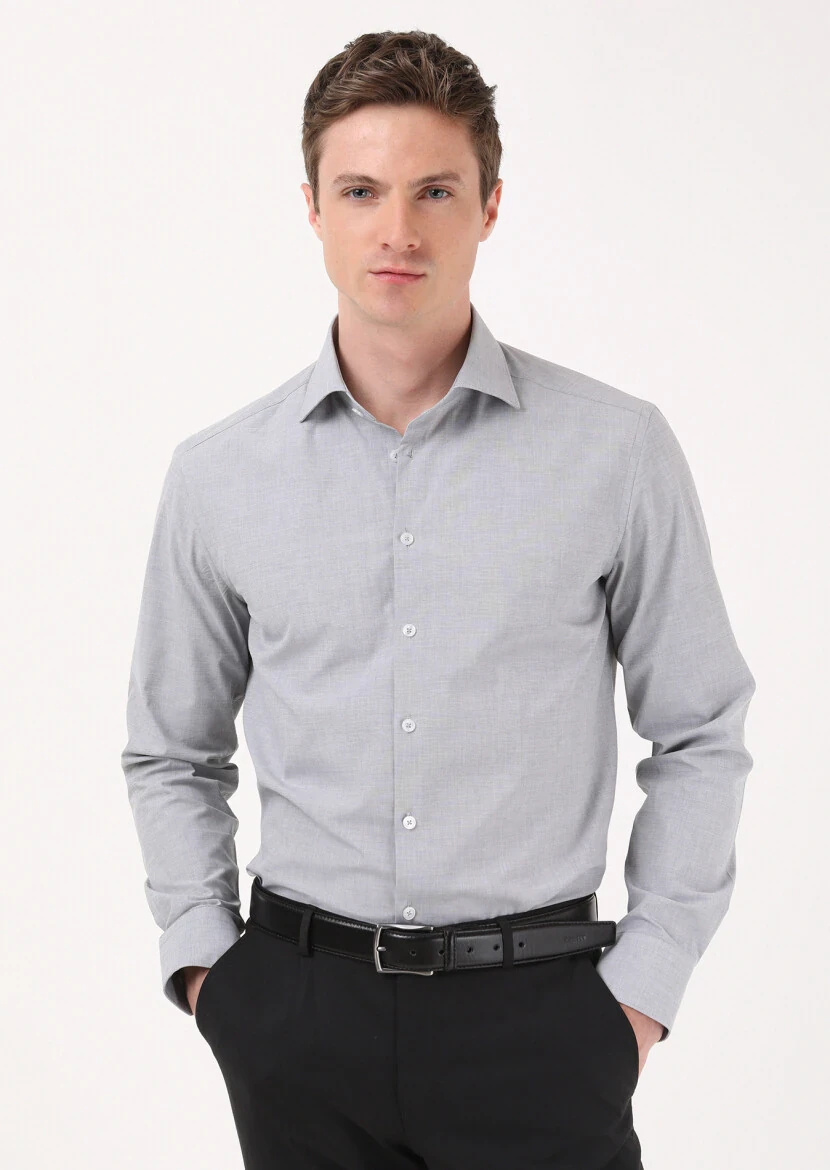 Grey Micro Regular Fit Weaving Classical 100% Cotton Shirt - 1