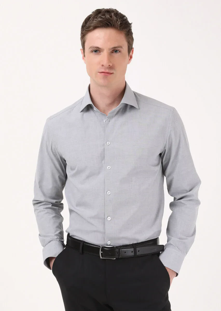 Grey Micro Regular Fit Weaving Classical 100% Cotton Shirt - 1
