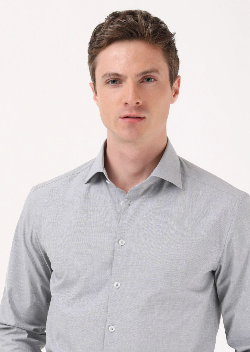 Grey Micro Regular Fit Weaving Classical 100% Cotton Shirt - 3
