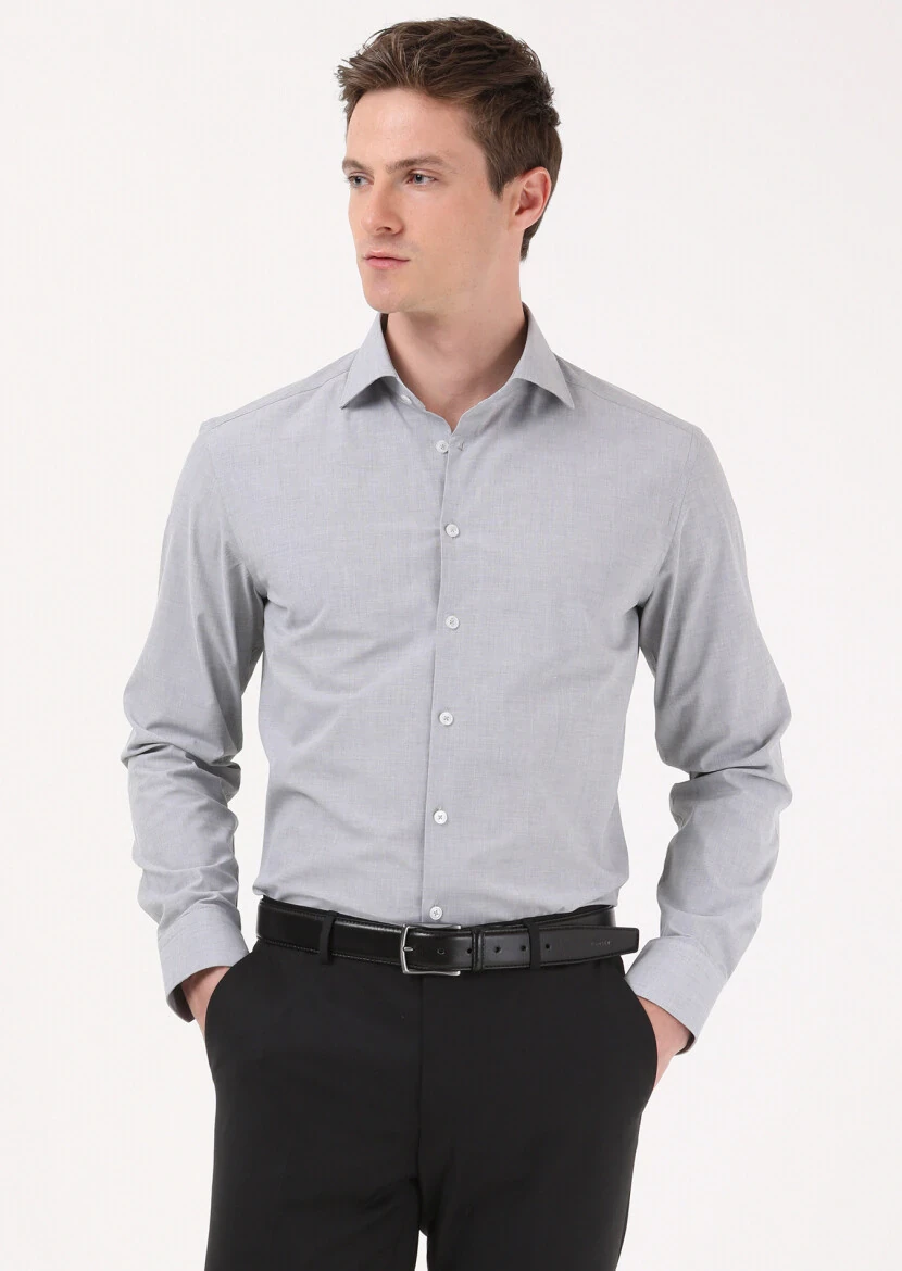 Grey Micro Regular Fit Weaving Classical 100% Cotton Shirt - 4