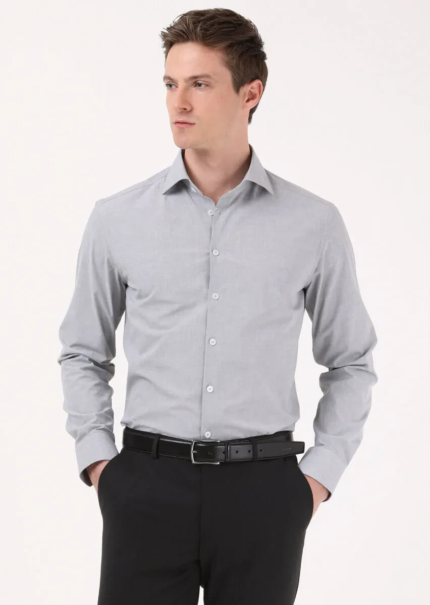 Grey Micro Regular Fit Weaving Classical 100% Cotton Shirt - 4