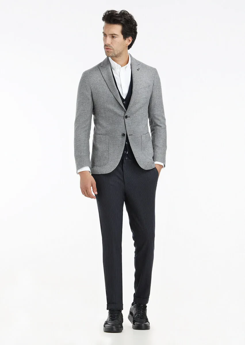 Grey Micro Shirt Shoulder Slim Fit Wool Blended Jacket - 1