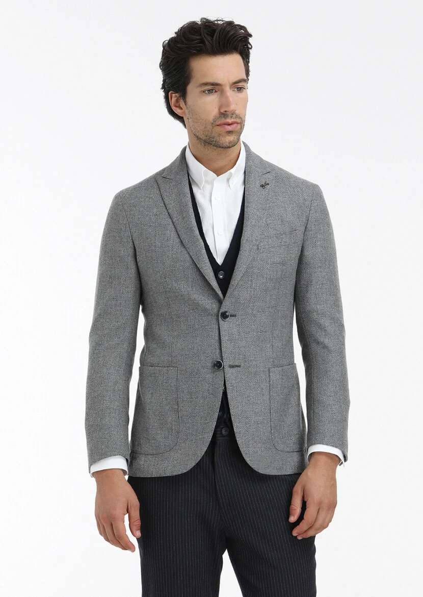 Grey Micro Shirt Shoulder Slim Fit Wool Blended Jacket - 2