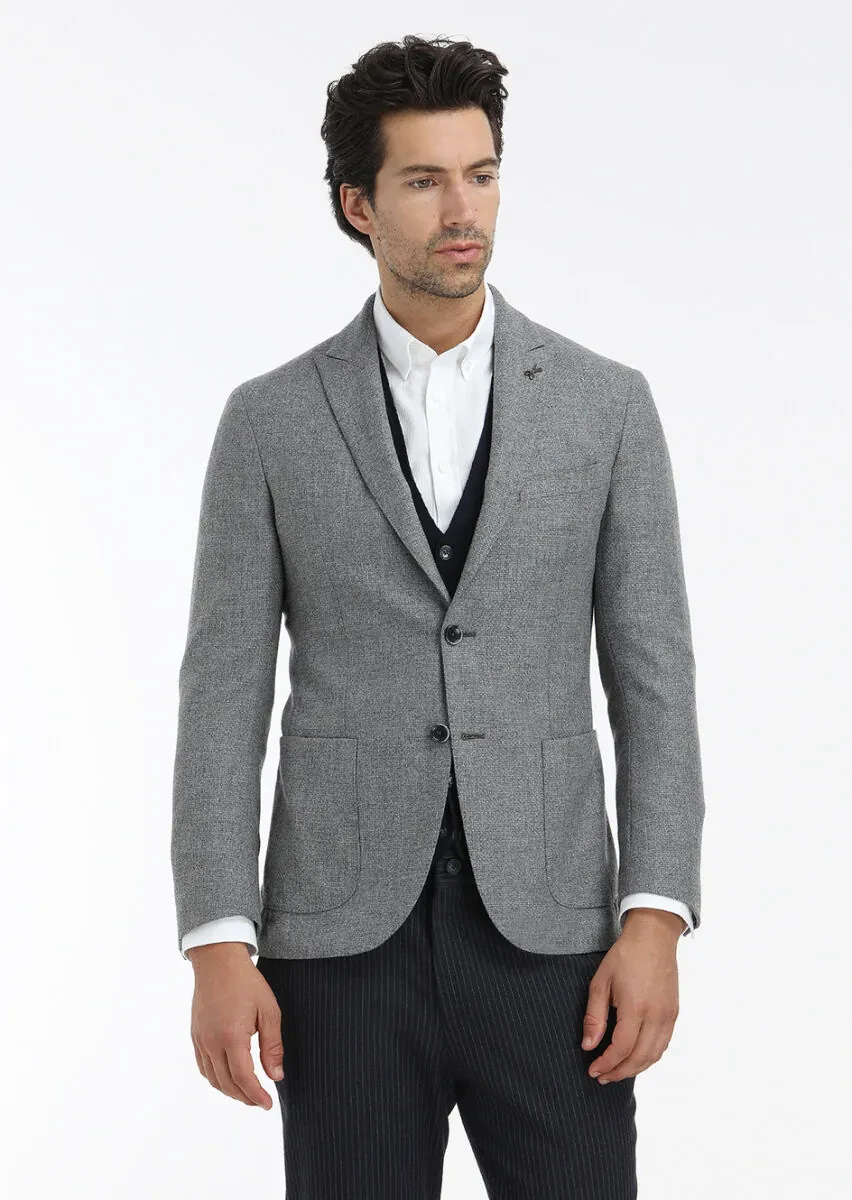 Grey Micro Shirt Shoulder Slim Fit Wool Blended Jacket - 2