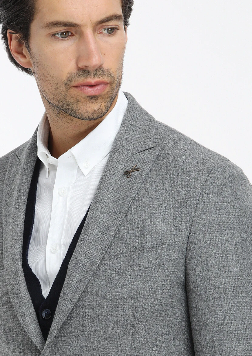 Grey Micro Shirt Shoulder Slim Fit Wool Blended Jacket - 3