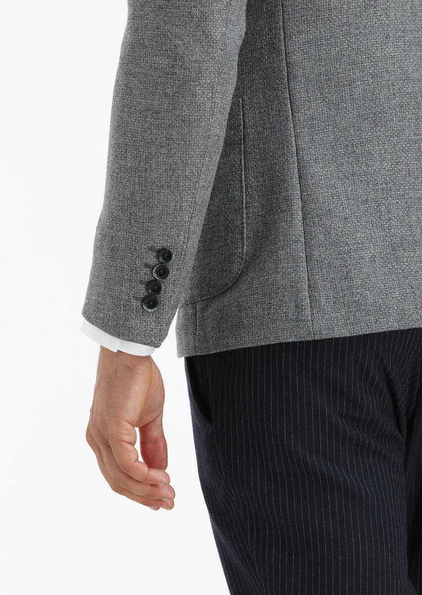 Grey Micro Shirt Shoulder Slim Fit Wool Blended Jacket - 5