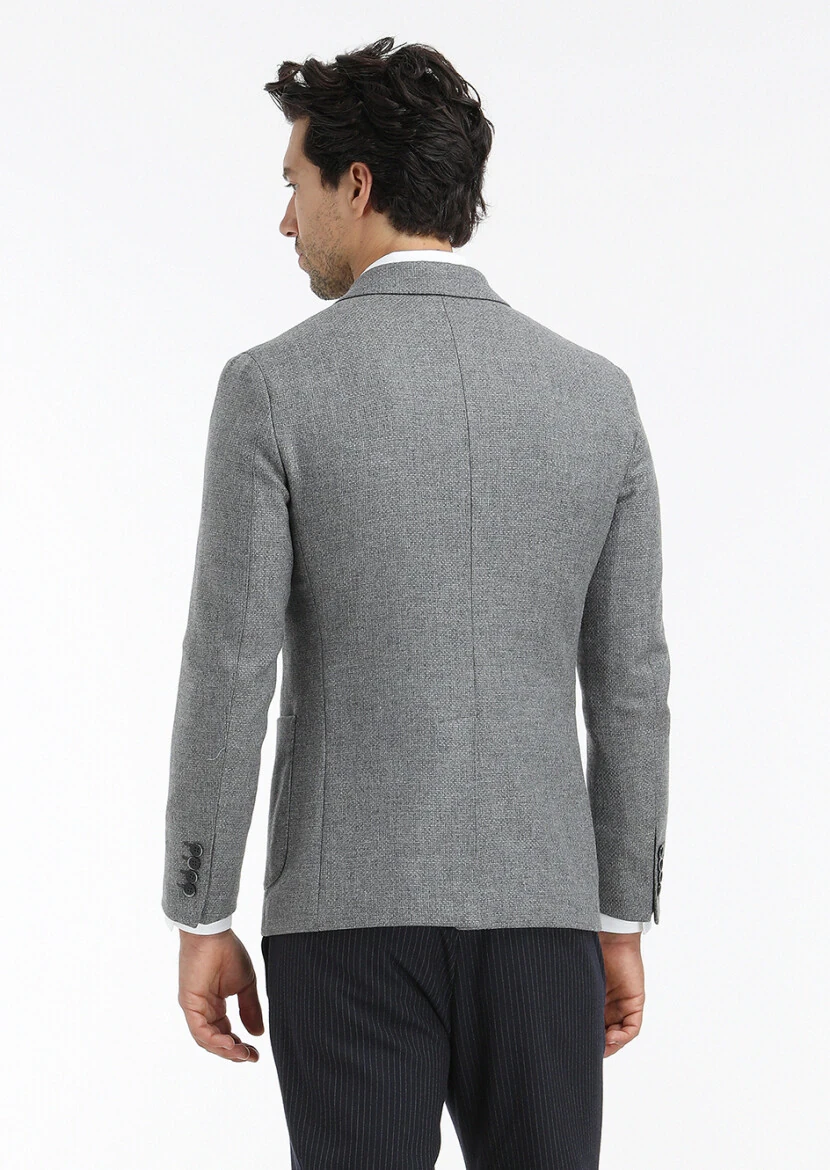 Grey Micro Shirt Shoulder Slim Fit Wool Blended Jacket - 6