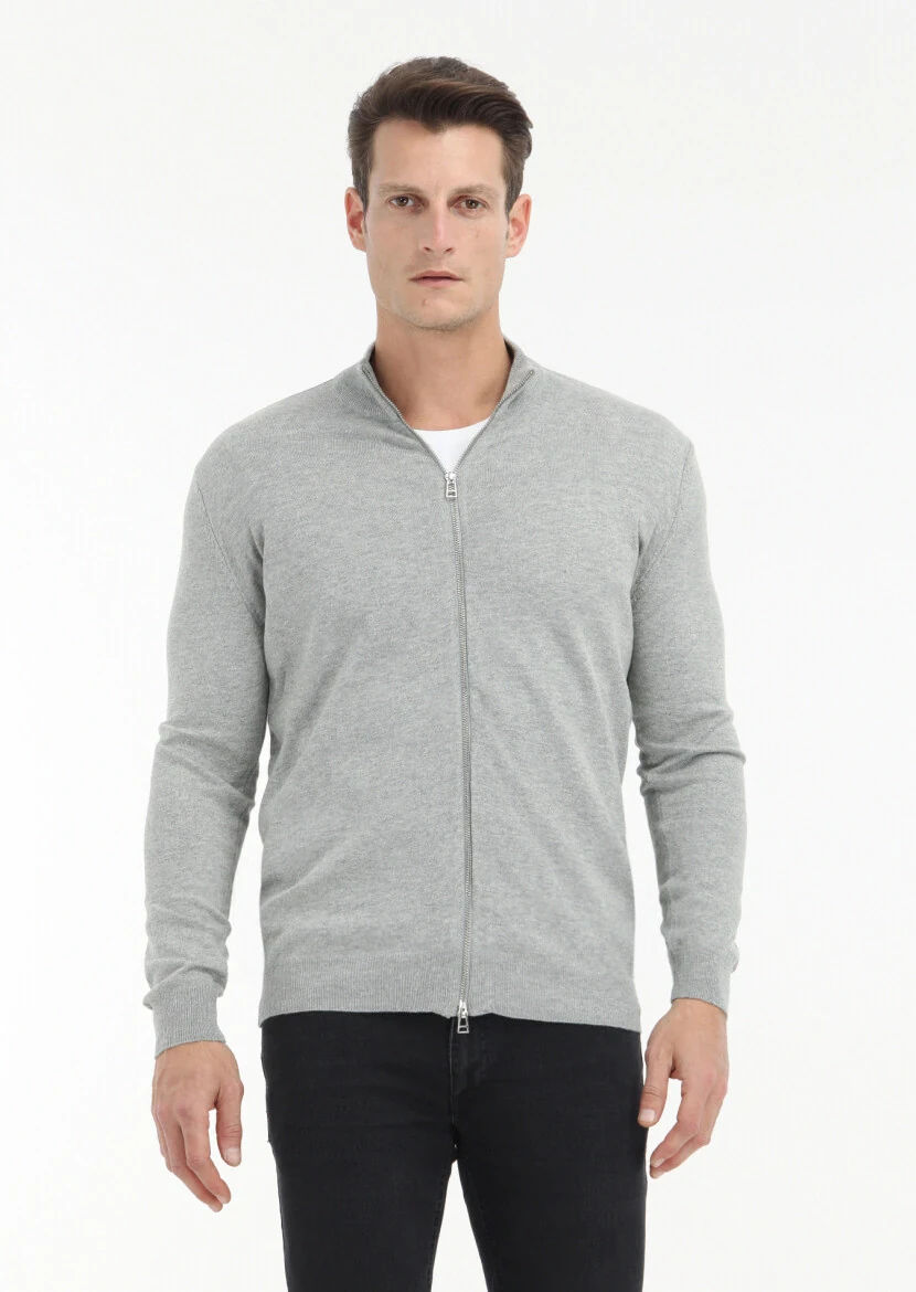 Grey Mock-Turtleneck Plain Knitting Wool Blended Cardigan 