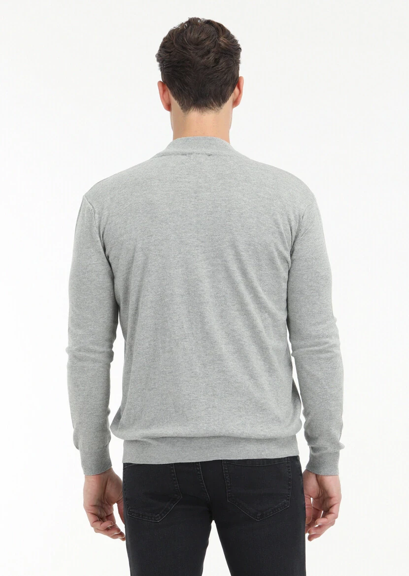 Grey Mock-Turtleneck Plain Knitting Wool Blended Cardigan - 6