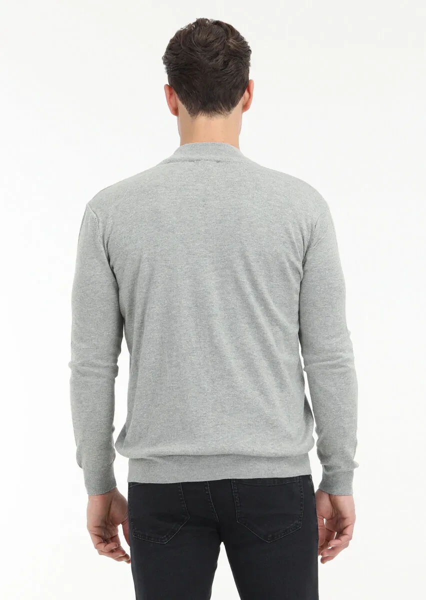 Grey Mock-Turtleneck Plain Knitting Wool Blended Cardigan - 6