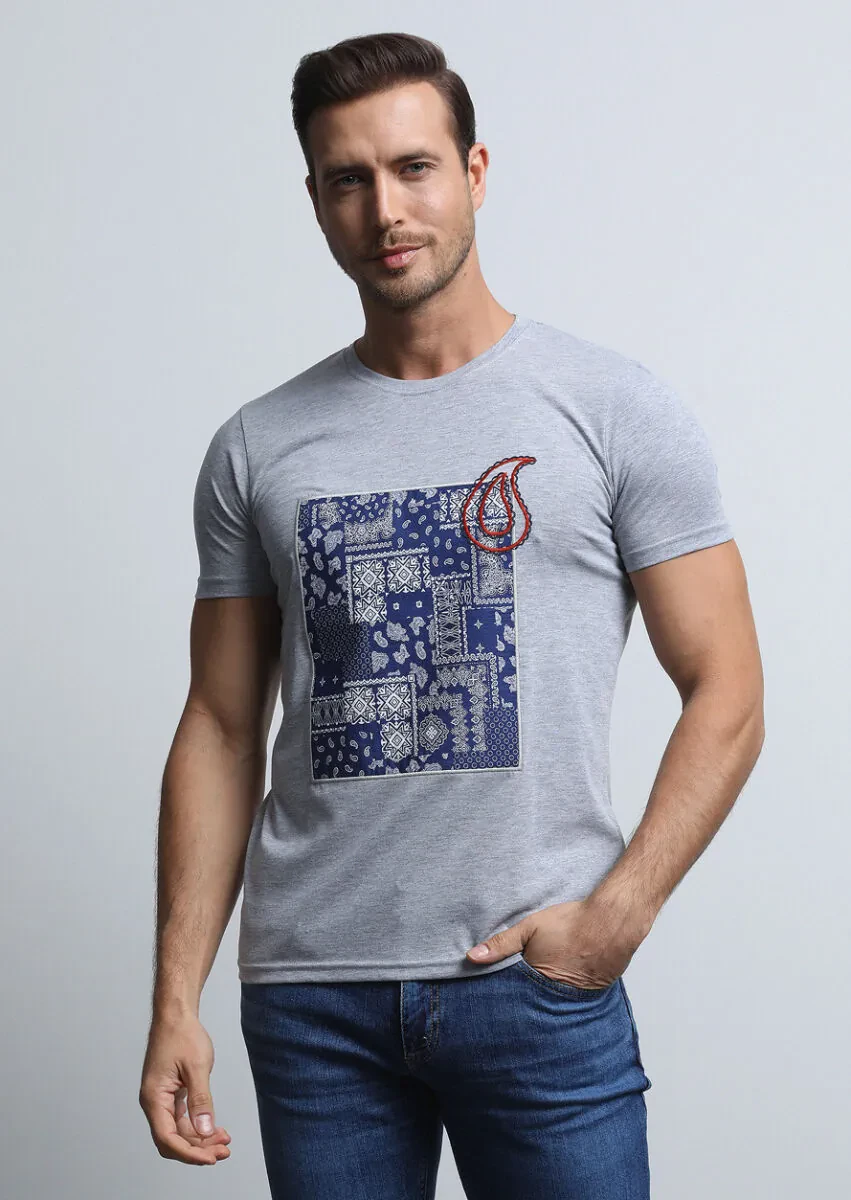 Grey Patterned 100% Cotton T-Shirt - 2