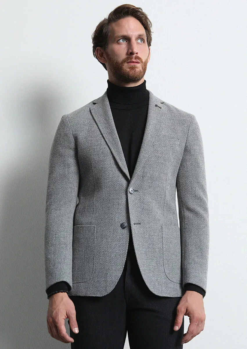 Grey Patterned Shirt Shoulder Slim Fit Wool Blended Jacket - 1