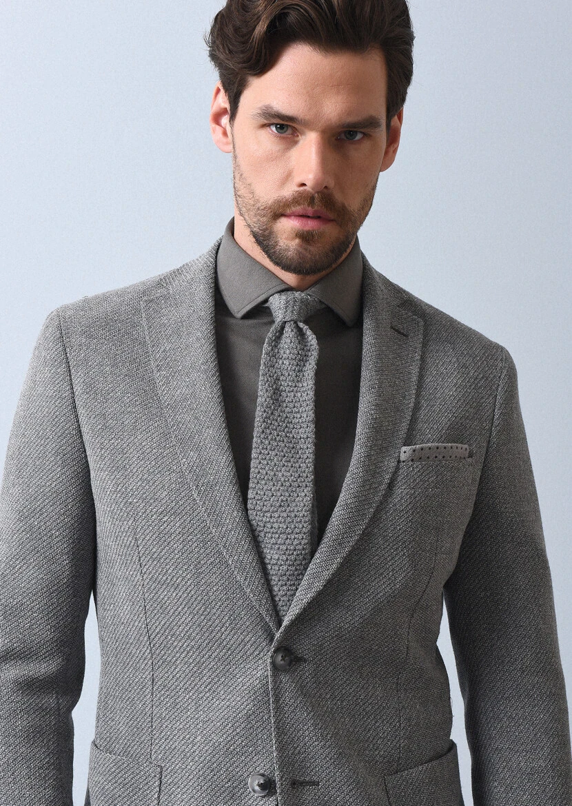 Grey Patterned Shirt Shoulder Slim Fit Wool Blended Jacket - 2