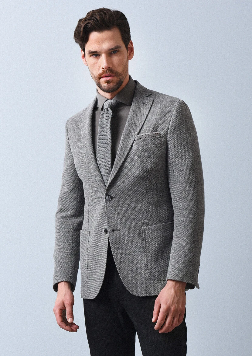 Grey Patterned Shirt Shoulder Slim Fit Wool Blended Jacket - 3