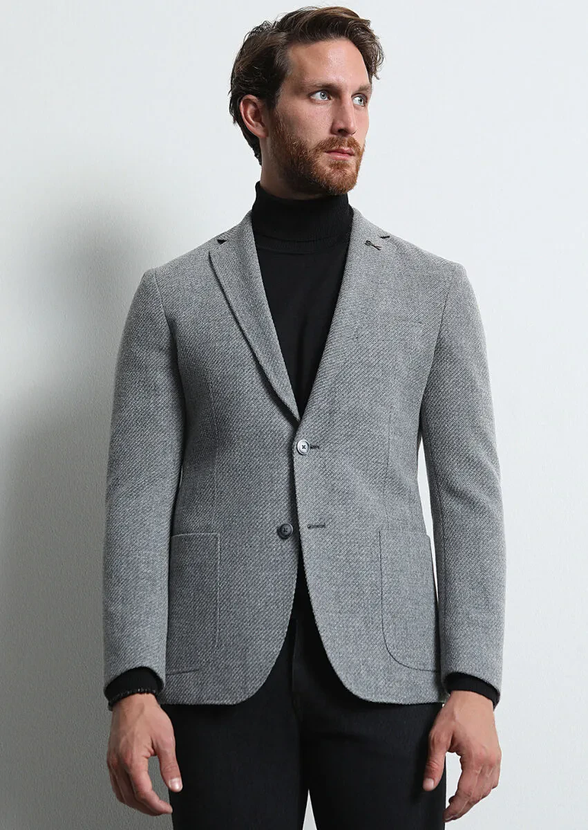 Grey Patterned Shirt Shoulder Slim Fit Wool Blended Jacket - 4