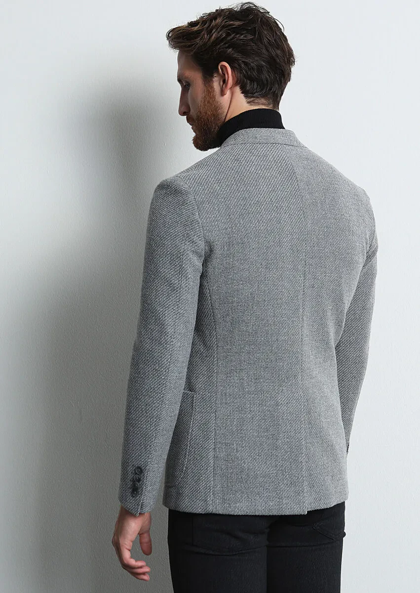 Grey Patterned Shirt Shoulder Slim Fit Wool Blended Jacket - 5