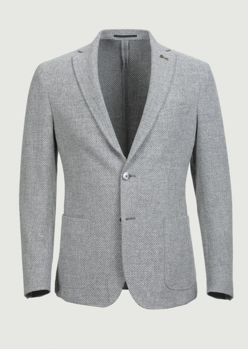 Grey Patterned Shirt Shoulder Slim Fit Wool Blended Jacket - 6