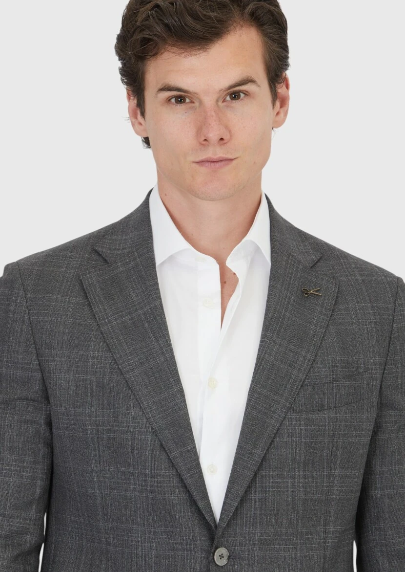 Grey Patterned Zeroweight Slim Fit Wool Blended Suit - 3