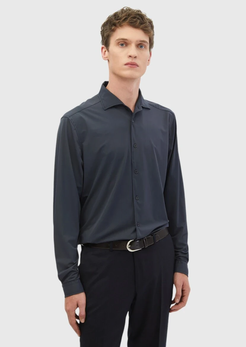 Grey Plain Casual Fit Knitting Casual Shirt - RAMSEY