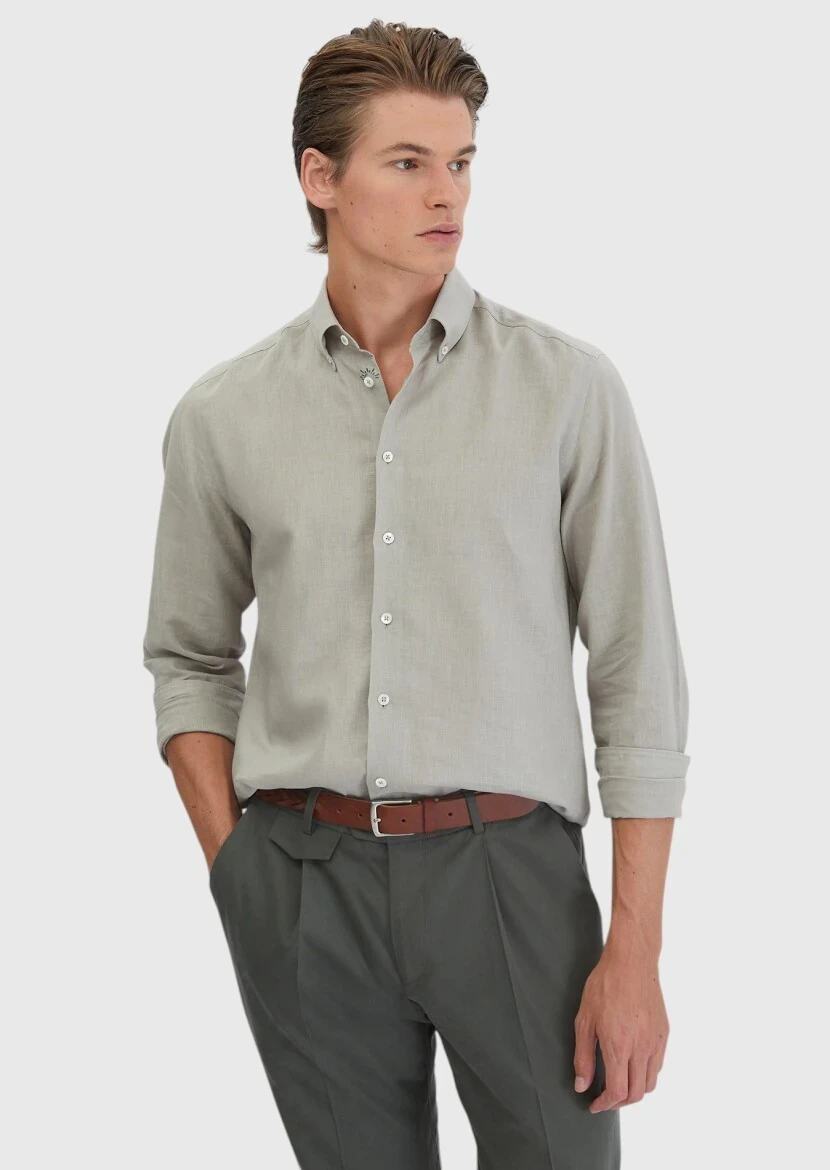 Grey Plain Casual Fit Weaving Casual Cotton Blended Shirt - RAMSEY