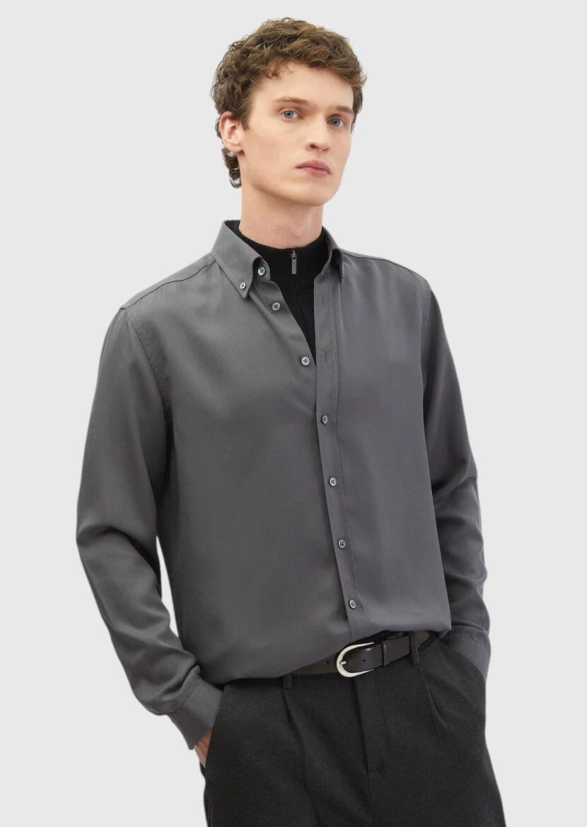 Grey Plain Casual Fit Weaving Casual Shirt - RAMSEY