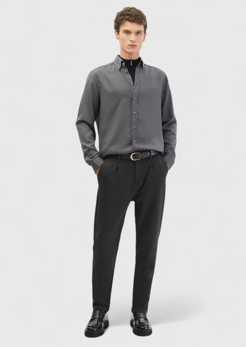 Grey Plain Casual Fit Weaving Casual Shirt - RAMSEY