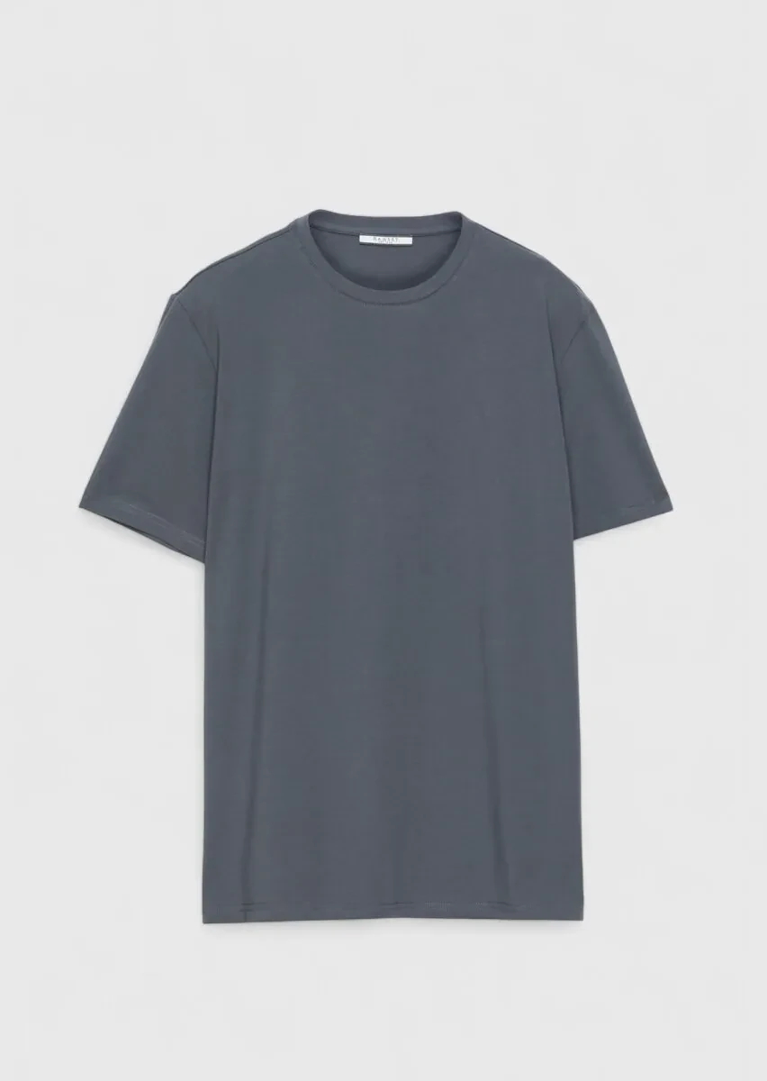 Grey Plain Crew Neck Cotton Blended T-Shirt - 5