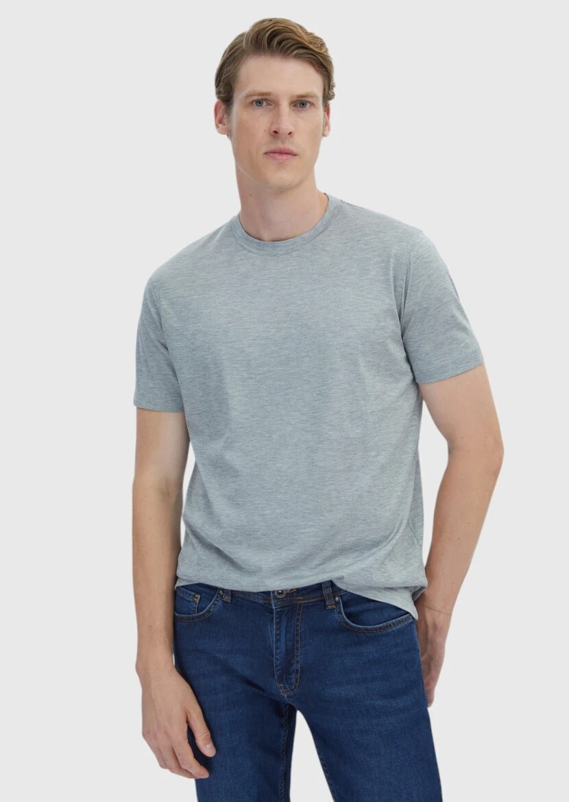 Grey Plain Crew Neck Silk Blended T-Shirt - RAMSEY