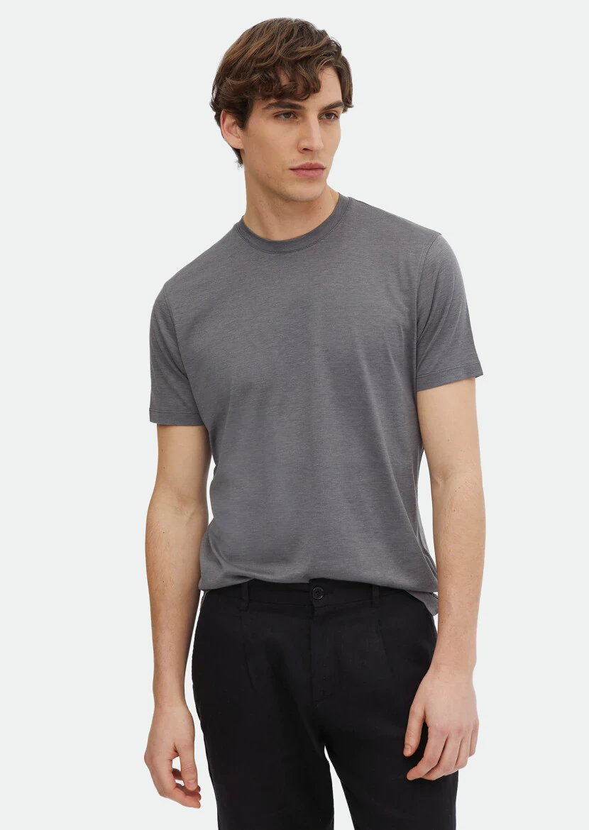 Grey Plain Crew Neck Silk Blended T-Shirt - RAMSEY