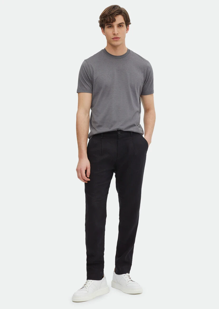 Grey Plain Crew Neck Silk Blended T-Shirt - RAMSEY