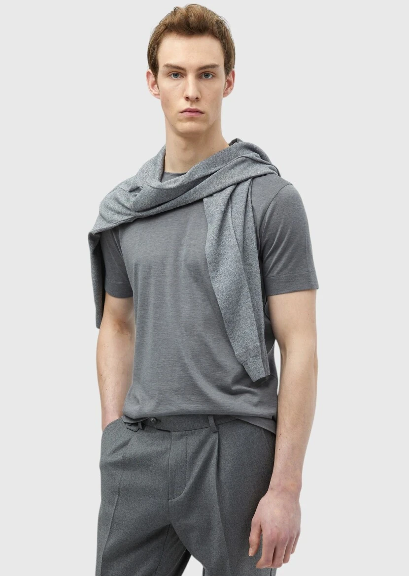 Grey Plain Crew Neck Silk Blended T-Shirt 