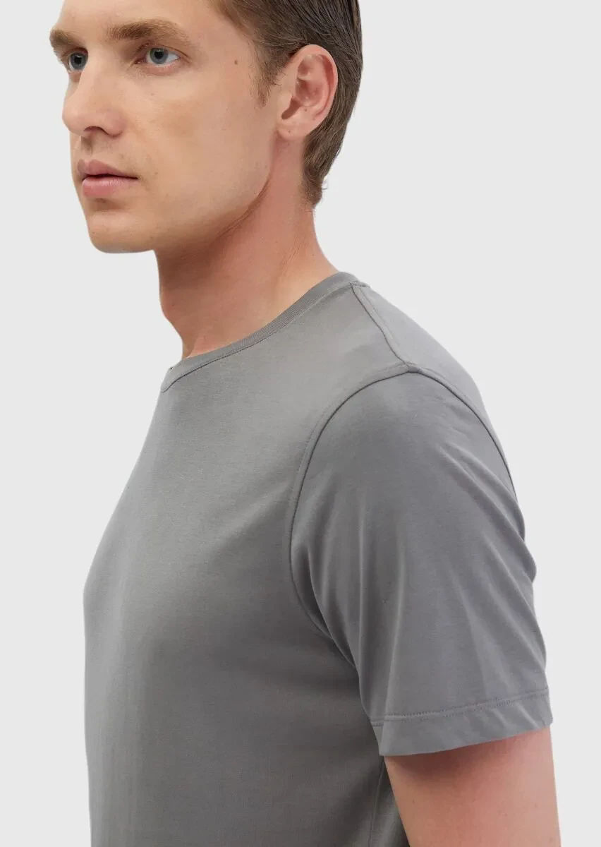 Grey Plain Crew Neck T-Shirt - 5