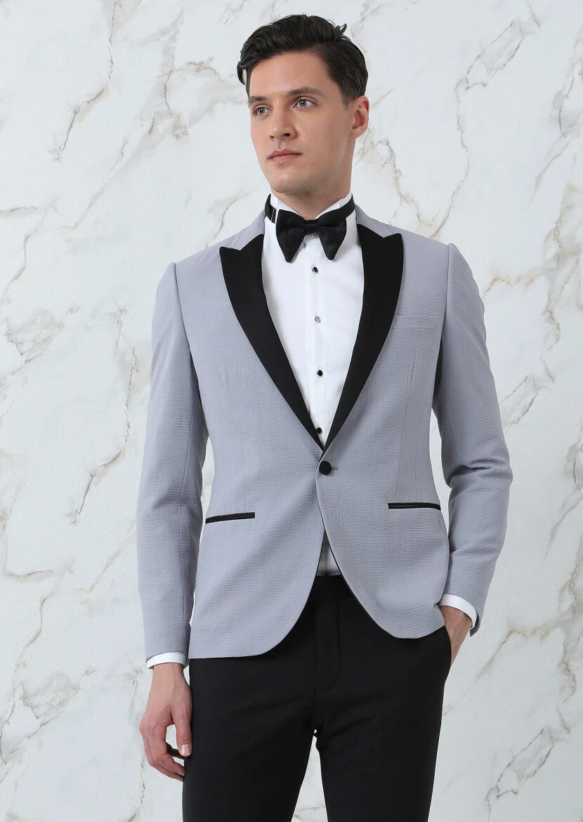 Grey Plain Fashion Slim Fit Double Breasted Collar Weaving Tuxedo - RAMSEY