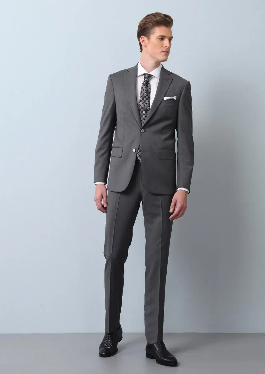 Grey Plain Modern Fit 100% Wool Suit - 1