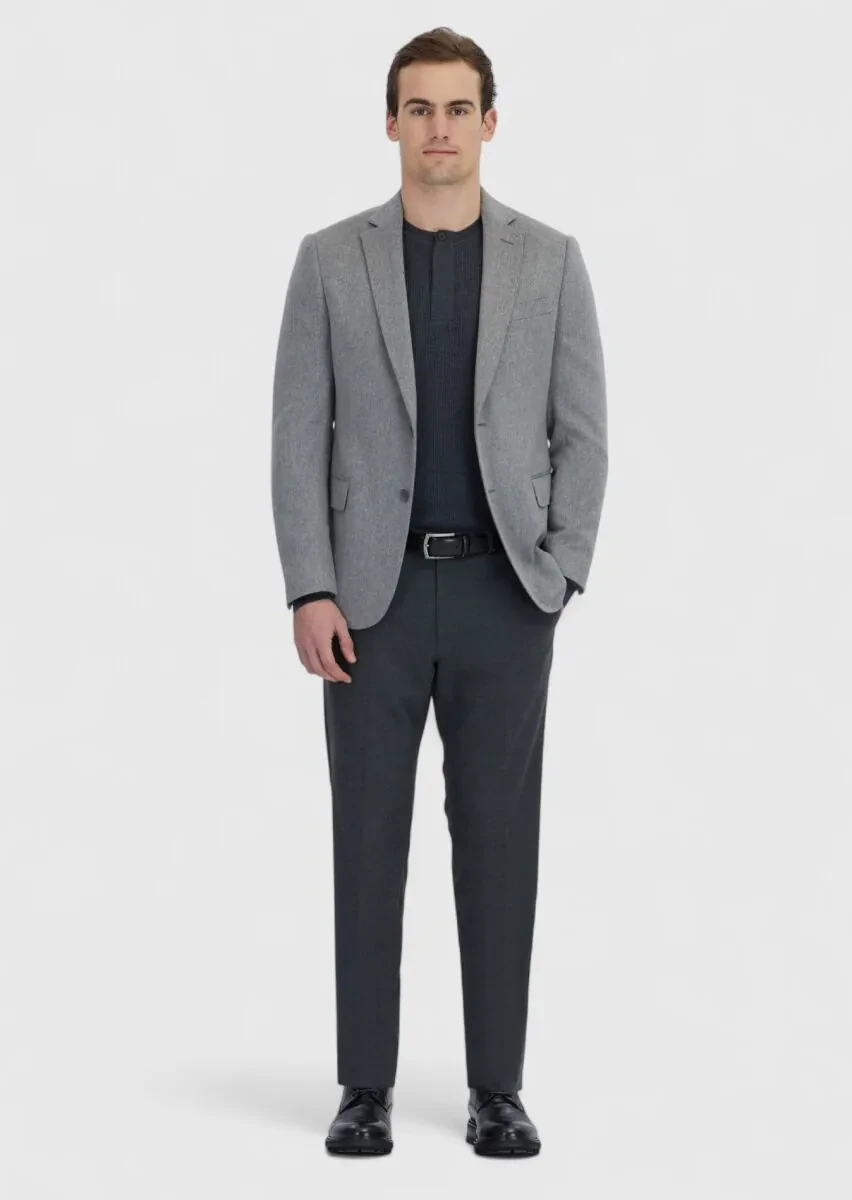 Grey Plain Regular Fit 100% Cashmire Jacket - 2