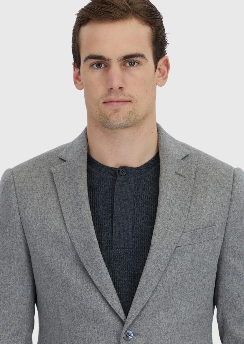 Grey Plain Regular Fit 100% Cashmire Jacket - 4