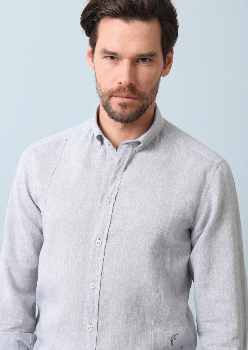 Grey Plain Regular Fit Weaving Casual Cotton Blended Shirt 